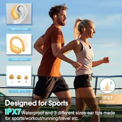 Wireless Earbuds 75hrs Bluetooth 5.4 Headphone Sport, 2026 Bluetooth Earbuds Stereo Deep Bass Over Ear Bud with Earhooks, ENC Noise Cancelling Mic, IPX7 Waterproof Earphone for Gym/Workout, Yellow - 3