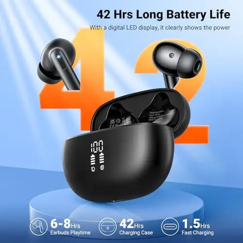 Wireless Earbuds, Bluetooth 5.3 Headphones HiFi Stereo & 4 ENC Mic, 42H Playtime Ear Buds with Charging Case LED Display, Bluetooth Earphones IPX7 Waterproof for iOS Android Earpods Sports Workout - 4
