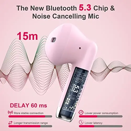 Wireless Earbuds, Bluetooth 5.3 Headphones in Ear with Noise Cancelling Mic, Bluetooth Earbuds Stereo Bass, IP7 Waterproof Sports Earphones, 32H Playtime USB C Charging Ear Buds Pink for Android iOS - JXREV (1)