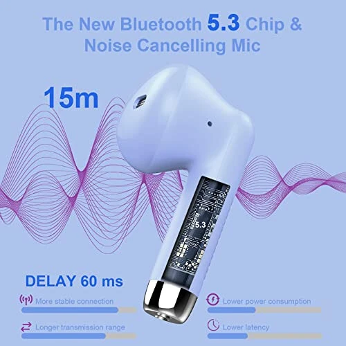 Wireless Earbuds, Bluetooth 5.3 Headphones in Ear with Noise Cancelling Mic, Earbuds Stereo Bass, IP7 Waterproof Sports Earphones, 32H Playtime USB C Charging Ear Buds Purple for Android iOS - Jxrev (1)
