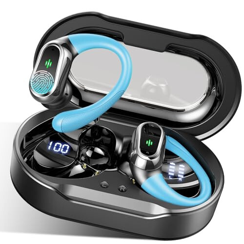 Wireless Earbuds, Bluetooth 5.3 Headphones Sport, Bluetooth Earbuds with ENC Noise Canceling Mic, 50H Stereo Wireless Headphones IP7 Waterproof with Earhooks, Dual LED Display for Running, Light Blue - 1