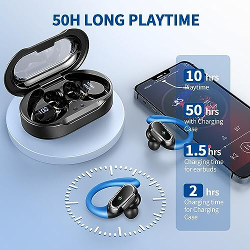 Wireless Earbuds, Bluetooth 5.3 Headphones Sport, Bluetooth Earbuds with ENC Noise Canceling Mic, 50H Stereo Wireless Headphones IP7 Waterproof with Earhooks, Dual LED Display for Running, Light Blue - 7