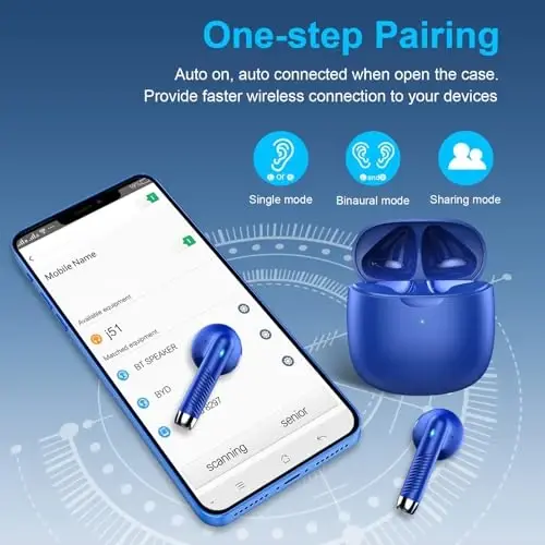 Wireless Earbuds, Bluetooth 5.4 Earbuds Stereo Bass, Bluetooth Headphones in Ear Noise Cancelling Mic, Earphones IP7 Waterproof Sports, 32H Playtime USB C Charging Case Blue Ear Buds for Android iOS - 5