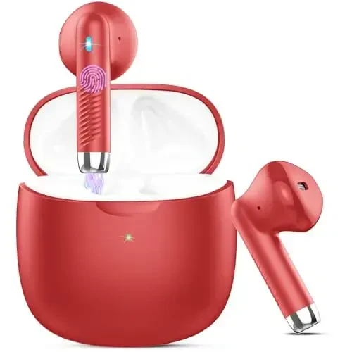 Wireless Earbuds, Bluetooth 5.4 Earbuds Stereo Bass, Bluetooth Headphones in Ear Noise Cancelling Mic, Earphones IP7 Waterproof Sports, 32H Playtime USB C Charging Case Red Ear Buds for Android iOS 