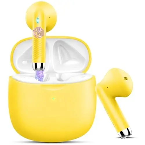 Wireless Earbuds, Bluetooth 5.4 Earbuds Stereo Bass, Bluetooth Headphones in Ear Noise Cancelling Mic, Earphones IP7 Waterproof Sports, 32H Playtime USB C Charging Case Yellow Ear Buds for Android iOS - JXREV