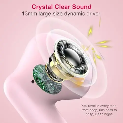 Wireless Earbuds, Bluetooth 5.4 Earbuds Stereo Bass, Bluetooth Headphones in Ear Noise Cancelling Mic, Wireless Earphones IP7 Waterproof Sports, 32H Playtime Mini USB C Charging Ear Buds Light Pink - MODAZONE (1)