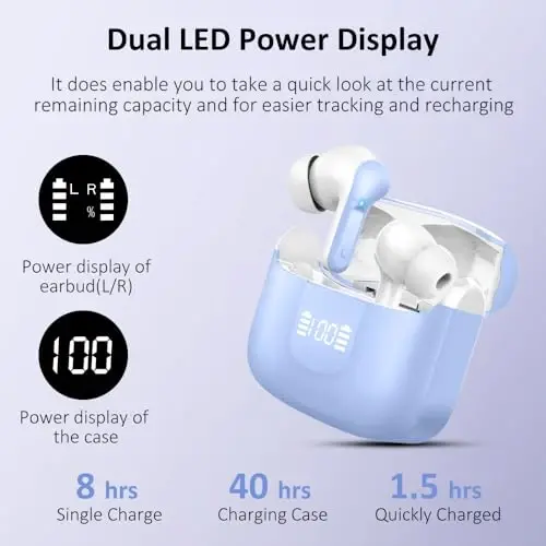Wireless Earbuds, Bluetooth 5.4 Headphones 2026 NEW Ear Buds 40H Bass Stereo in-Ear Earphones ENC Noise Cancelling Earbuds with 4 HD Mic, USB-C LED Display IP7 Waterproof Sport Headset for Android iOS - 4