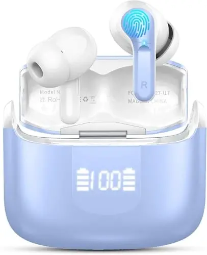 Wireless Earbuds, Bluetooth 5.4 Headphones 2026 NEW Ear Buds 40H Bass Stereo in-Ear Earphones ENC Noise Cancelling Earbuds with 4 HD Mic, USB-C LED Display IP7 Waterproof Sport Headset for Android iOS 