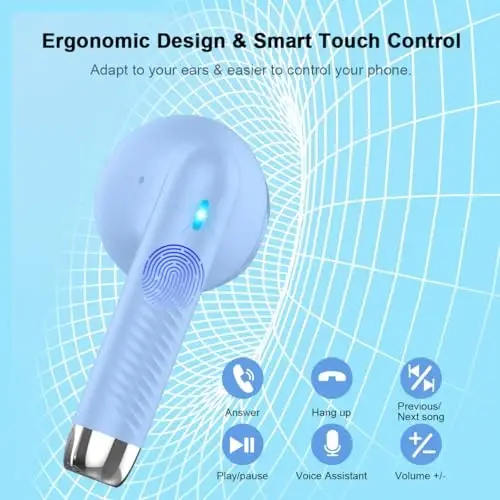 Wireless Earbuds, Bluetooth 5.4 Headphones in Ear with Noise Cancelling Mic, Bluetooth Earbuds Stereo Bass, IP7 Waterproof Sports Earphones, 32H Playtime USB C Charging Buds Light Blue for Android iOS - 6