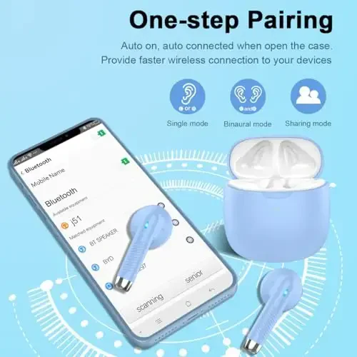 Wireless Earbuds, Bluetooth 5.4 Headphones in Ear with Noise Cancelling Mic, Bluetooth Earbuds Stereo Bass, IP7 Waterproof Sports Earphones, 32H Playtime USB C Charging Buds Light Blue for Android iOS - 5