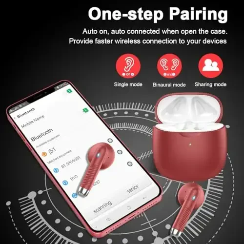 Wireless Earbuds, Bluetooth 5.4 Headphones in Ear with Noise Cancelling Mic, Bluetooth Earbuds Stereo Bass, IP7 Waterproof Sports Earphones, 32H Playtime USB C Charging Ear Buds Red for Android iOS - 5