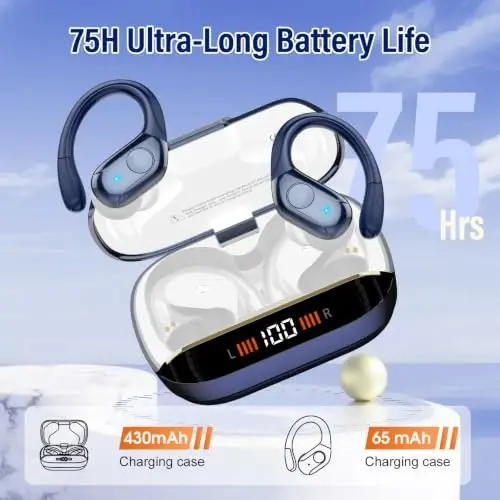 Wireless Earbuds Bluetooth 5.4 Headphones Sports, 75Hrs Bass Hi-Fi Stereo | Over Ear Buds Workout Running Gym, ENC Noise Cancelling Earphones with Earhook, IP-X7 Waterproof Headset for Android iOS - 3