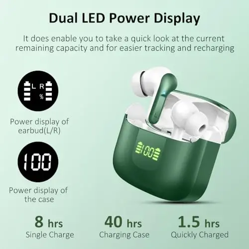 Wireless Earbuds, Bluetooth Headphones 2026 NEW Ear Buds 40H Bass Stereo in-Ear Earphones ENC Noise Cancelling 5.4 Earbuds with 4 HD Mic, USB-C LED Display IP7 Waterproof Sport Headset for Android iOS - 4