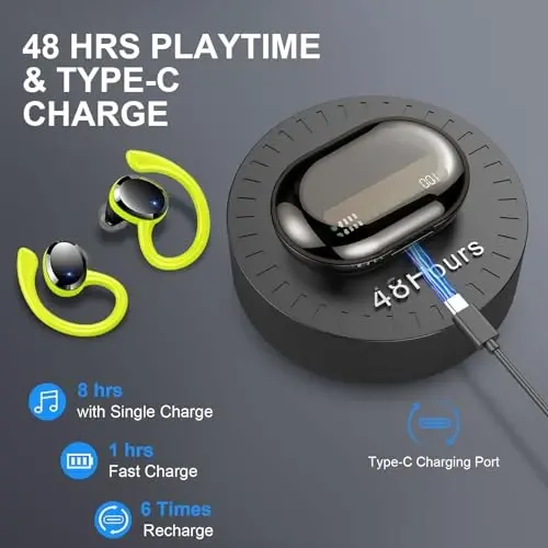 Wireless Earbuds Sport, 2025 Bluetooth 5.4 Headphones Bass Hi-Fi Stereo Over Ear Buds, 56Hrs Noise Cancelling Headset with Earhook, IP7 Waterproof Earphones Workout Running for Laptop Pad Android iOS - 5