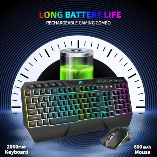 Wireless Gaming Keyboard and Gaming Mouse Combo - RGB Backlit, Rechargeable Wireless Keyboard, Wrist Rest Ergonomic, Backlit Mouse, Wireless Gaming Keyboard and Mouse, Long-Lasting Built-in Battery (Black) - 3