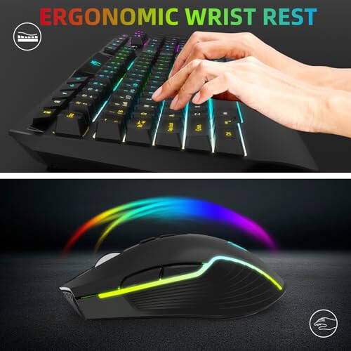 Wireless Gaming Keyboard and Gaming Mouse Combo - RGB Backlit, Rechargeable Wireless Keyboard, Wrist Rest Ergonomic, Backlit Mouse, Wireless Gaming Keyboard and Mouse, Long-Lasting Built-in Battery (Black) - 5