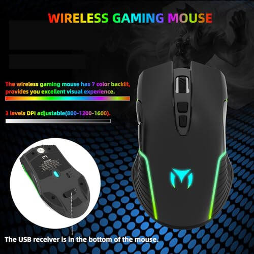 Wireless Gaming Keyboard and Gaming Mouse Combo - RGB Backlit, Rechargeable Wireless Keyboard, Wrist Rest Ergonomic, Backlit Mouse, Wireless Gaming Keyboard and Mouse, Long-Lasting Built-in Battery (Black) - 6