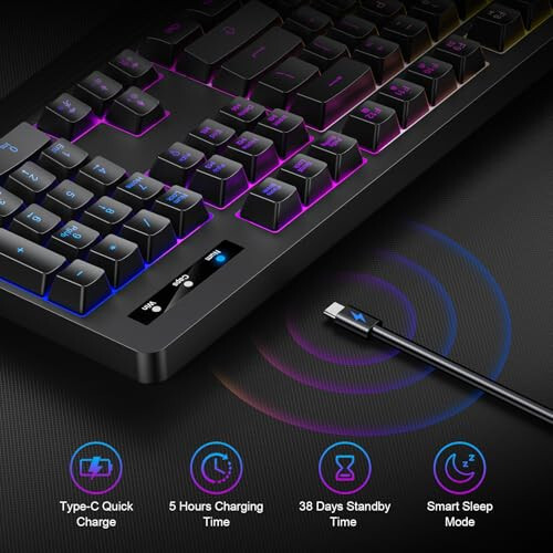 Wireless Gaming Keyboard, RGB & Single-Color Backlit, Full-Size Waterproof Computer Keyboard, Silent Keys, Wrist Rest, Sleep Mode, Rechargeable 2.4G Wireless Keyboard for Windows, Mac, PC, Laptop - 3