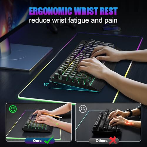 Wireless Gaming Keyboard, RGB & Single-Color Backlit, Full-Size Waterproof Computer Keyboard, Silent Keys, Wrist Rest, Sleep Mode, Rechargeable 2.4G Wireless Keyboard for Windows, Mac, PC, Laptop - 4