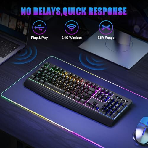 Wireless Gaming Keyboard, RGB & Single-Color Backlit, Full-Size Waterproof Computer Keyboard, Silent Keys, Wrist Rest, Sleep Mode, Rechargeable 2.4G Wireless Keyboard for Windows, Mac, PC, Laptop - 7