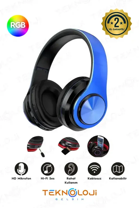 Wireless Headphone Bluetooth Microphone Over-Ear Headset Led Light Foldable BLACK-BLUE-BLUE - TEKNOLOJI GELSIN