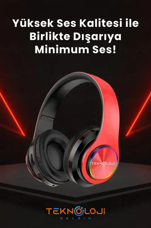 Wireless Headset Bluetooth Microphone Over-Ear Headphones LED Light Foldable Red-RED - 2