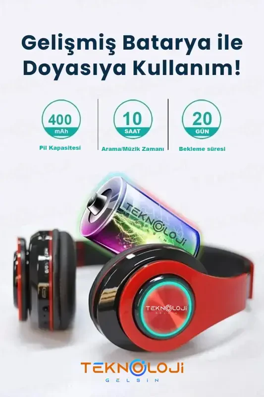 Wireless Headset Bluetooth Microphone Over-Ear Headphones LED Light Foldable Red-RED - 4