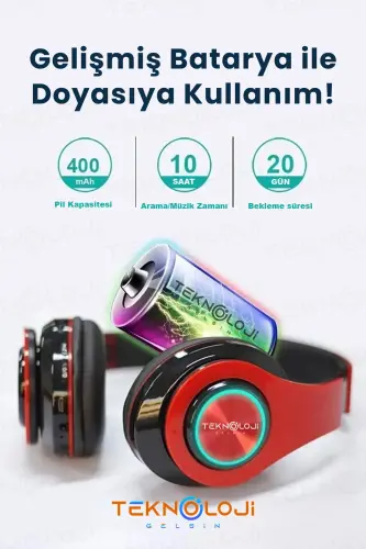 Wireless Headset Bluetooth Microphone Over-Ear Headphones LED Light Foldable Red-RED - 5