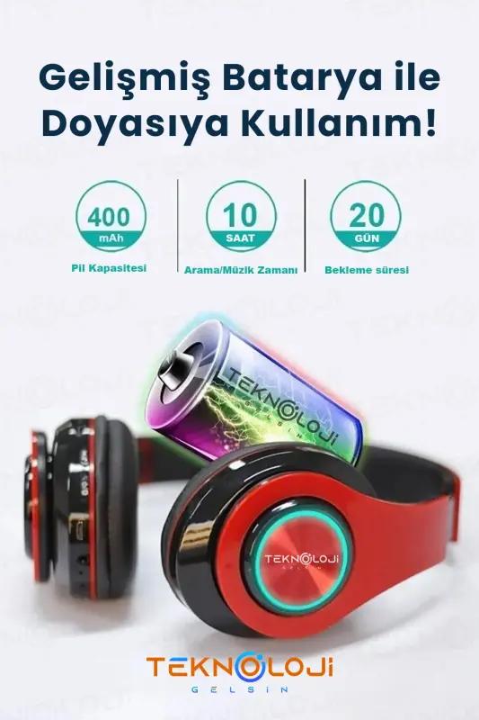 Wireless Headset Bluetooth Microphone Over-Ear Headphones LED Light Foldable Red-RED - 5