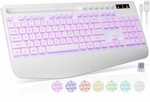 Wireless Keyboard, 7 Colored Backlits, Wrist Rest, Phone Holder-White | Rechargeable Ergonomic Computer Keyboard with Silent Keys, Full Size Lighted Keyboard for Windows, Mac, PC, Laptop - Trueque
