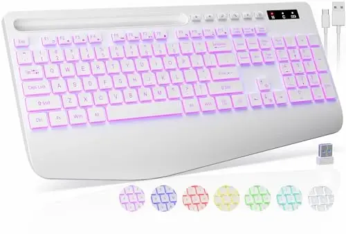 Wireless Keyboard, 7 Colored Backlits, Wrist Rest, Phone Holder-White | Rechargeable Ergonomic Computer Keyboard with Silent Keys, Full Size Lighted Keyboard for Windows, Mac, PC, Laptop - 1