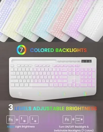 Wireless Keyboard, 7 Colored Backlits, Wrist Rest, Phone Holder-White | Rechargeable Ergonomic Computer Keyboard with Silent Keys, Full Size Lighted Keyboard for Windows, Mac, PC, Laptop - Trueque (1)