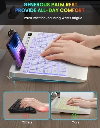 Wireless Keyboard, 7 Colored Backlits, Wrist Rest, Phone Holder-White | Rechargeable Ergonomic Computer Keyboard with Silent Keys, Full Size Lighted Keyboard for Windows, Mac, PC, Laptop - 3