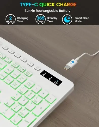 Wireless Keyboard, 7 Colored Backlits, Wrist Rest, Phone Holder-White | Rechargeable Ergonomic Computer Keyboard with Silent Keys, Full Size Lighted Keyboard for Windows, Mac, PC, Laptop - 4