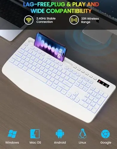 Wireless Keyboard, 7 Colored Backlits, Wrist Rest, Phone Holder-White | Rechargeable Ergonomic Computer Keyboard with Silent Keys, Full Size Lighted Keyboard for Windows, Mac, PC, Laptop - 5