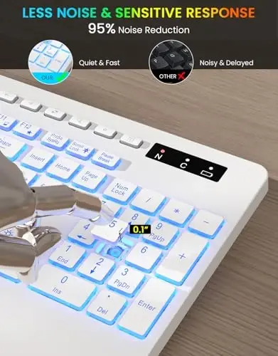 Wireless Keyboard, 7 Colored Backlits, Wrist Rest, Phone Holder-White | Rechargeable Ergonomic Computer Keyboard with Silent Keys, Full Size Lighted Keyboard for Windows, Mac, PC, Laptop - 6