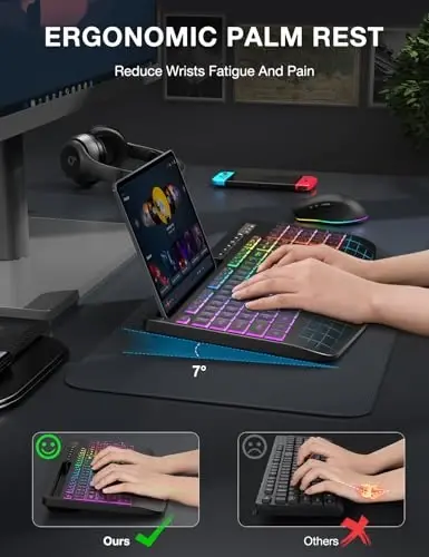 Wireless Keyboard and Mouse Combo - 9 Backlit Effects, RGB, 2.4G Lag-Free | Ergo Wrist Rest, Rechargeable, Phone Holder, Full Size, Sleep Mode, Quiet Set for Computer, PC, Laptop, Mac, Windows -SABLUTE - 3