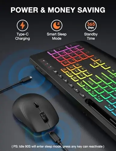 Wireless Keyboard and Mouse Combo - 9 Backlit Effects, RGB, 2.4G Lag-Free | Ergo Wrist Rest, Rechargeable, Phone Holder, Full Size, Sleep Mode, Quiet Set for Computer, PC, Laptop, Mac, Windows -SABLUTE - 5