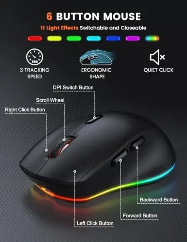 Wireless Keyboard and Mouse Combo - 9 Backlit Effects, RGB, 2.4G Lag-Free | Ergo Wrist Rest, Rechargeable, Phone Holder, Full Size, Sleep Mode, Quiet Set for Computer, PC, Laptop, Mac, Windows -SABLUTE - 6