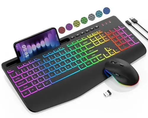 Wireless Keyboard and Mouse Combo - 9 Backlit Effects, RGB, Ergonomic Wrist Rest, Phone Holder, 2.4G Full Size, Rechargeable, Sleep Mode, Quiet Keyboard Set for Computer, PC, Laptop, Mac, Windows - SABLUTE