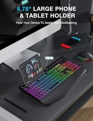 Wireless Keyboard and Mouse Combo - 9 Backlit Effects, RGB, Ergonomic Wrist Rest, Phone Holder, 2.4G Full Size, Rechargeable, Sleep Mode, Quiet Keyboard Set for Computer, PC, Laptop, Mac, Windows - 4