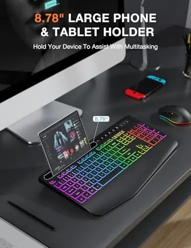 Wireless Keyboard and Mouse Combo - 9 Backlit Effects, RGB, Ergo Wrist Rest, Phone Holder, 2.4G Full Size, Rechargeable, Sleep Mode, KM22 MAX Quiet Set for Computer, PC, Laptop, Mac, Windows- SABLUTE - 4