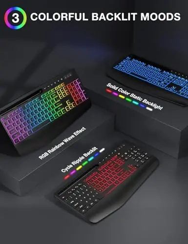 Wireless Keyboard and Mouse Combo - 9 Backlit Effects, RGB, Ergo Wrist Rest, Phone Holder, 2.4G Full Size, Rechargeable, Sleep Mode, KM22 MAX Quiet Set for Computer, PC, Laptop, Mac, Windows- SABLUTE - SABLUTE (1)