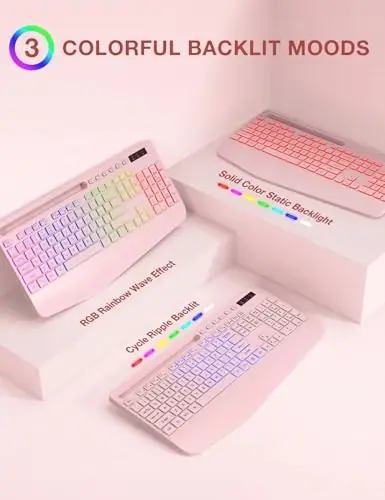 Wireless Keyboard and Mouse Combo, 9 Backlit Effects, Wrist Rest, Phone Holder, 2.4G Lag-Free Ergonomic Keyboards, KM22 MAX Rechargeable Silent Set for Computer, Laptop, Mac, Windows -SABLUTE（Pink） - 3