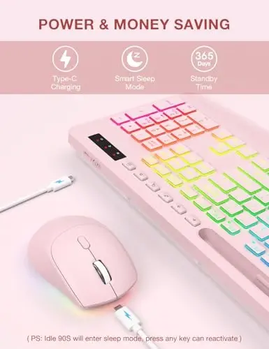 Wireless Keyboard and Mouse Combo, 9 Backlit Effects, Wrist Rest, Phone Holder, 2.4G Lag-Free Ergonomic Keyboards, Rechargeable Silent Cordless Set for Computer, Laptop, Mac, Windows -SABLUTE (Pink) - 5