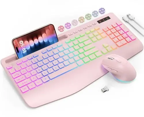 Wireless Keyboard and Mouse Combo, 9 Backlit Effects, Wrist Rest, Phone Holder, 2.4G Lag-Free Ergonomic Keyboards, KM22 MAX Rechargeable Silent Set for Computer, Laptop, Mac, Windows -SABLUTE（Pink） 