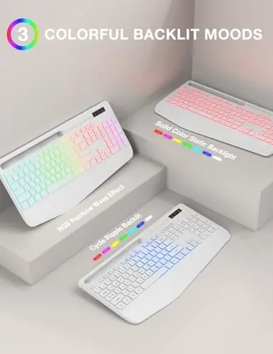 SABLUTE Wireless Keyboard and Mouse Combo, 9 Backlit Effects, Wrist Rest, Phone Holder, 2.4G Lag-Free Ergonomic Keyboards, KM22 MAX Rechargeable Silent Set for Computer, Laptop, Mac, Windows（White） - SABLUTE (1)
