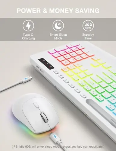 SABLUTE Wireless Keyboard and Mouse Combo, 9 Backlit Effects, Wrist Rest, Phone Holder, 2.4G Lag-Free Ergonomic Keyboards, KM22 MAX Rechargeable Silent Set for Computer, Laptop, Mac, Windows（White） - 6