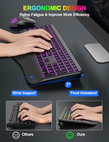 Wireless Keyboard and Mouse Combo, 9 Backlit Effects, Wrist Rest, Silent Light Up Keys, Sleep Mode, 2.4G Rechargeable Ergonomic Cordless Keyboard Mouse Combo for Computer, Laptop, PC, Windows (Grey) - 3