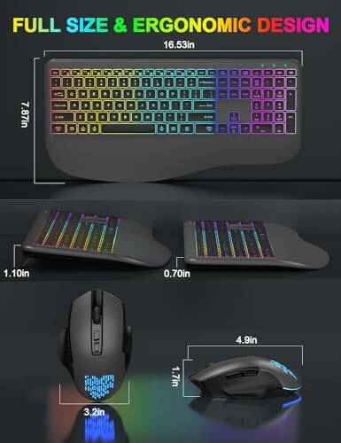 Wireless Keyboard and Mouse Combo, 9 Backlit Effects, Wrist Rest, Silent Light Up Keys, Sleep Mode, 2.4G Rechargeable Ergonomic Cordless Keyboard Mouse Combo for Computer, Laptop, PC, Windows (Grey) - 6